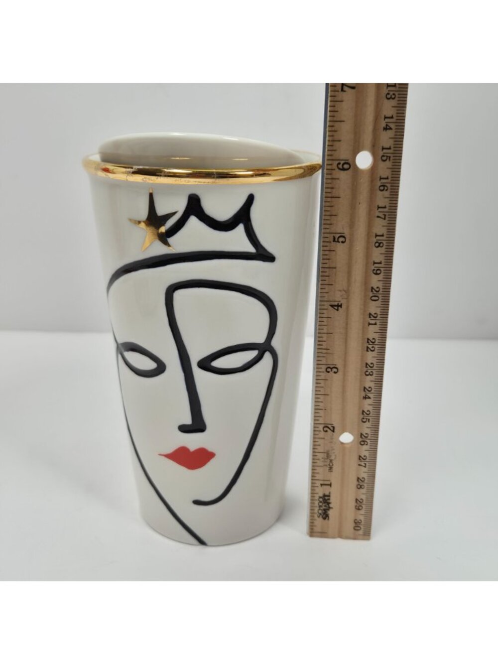 Starbucks 2015 Ceramic Travel Mug With Lid Gold Accent & Abstract Face Design - Picture 9 of 10